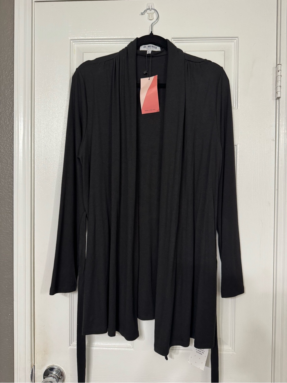 OF Mercer Longline Black Open-Front Women's Cardigan with Tie L